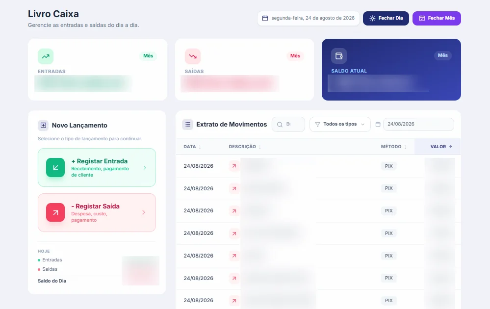 Tela de livro caixa com entradas, saídas e extrato de movimentos