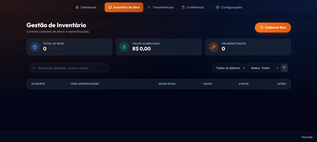Gestão de inventário com busca, filtros e cadastro de bens